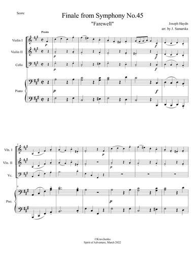 Joseph Haydn - Symphony No. 45 "Farewell" Finale arr. for piano quartet (score and parts) (arr. Julia Samarska)