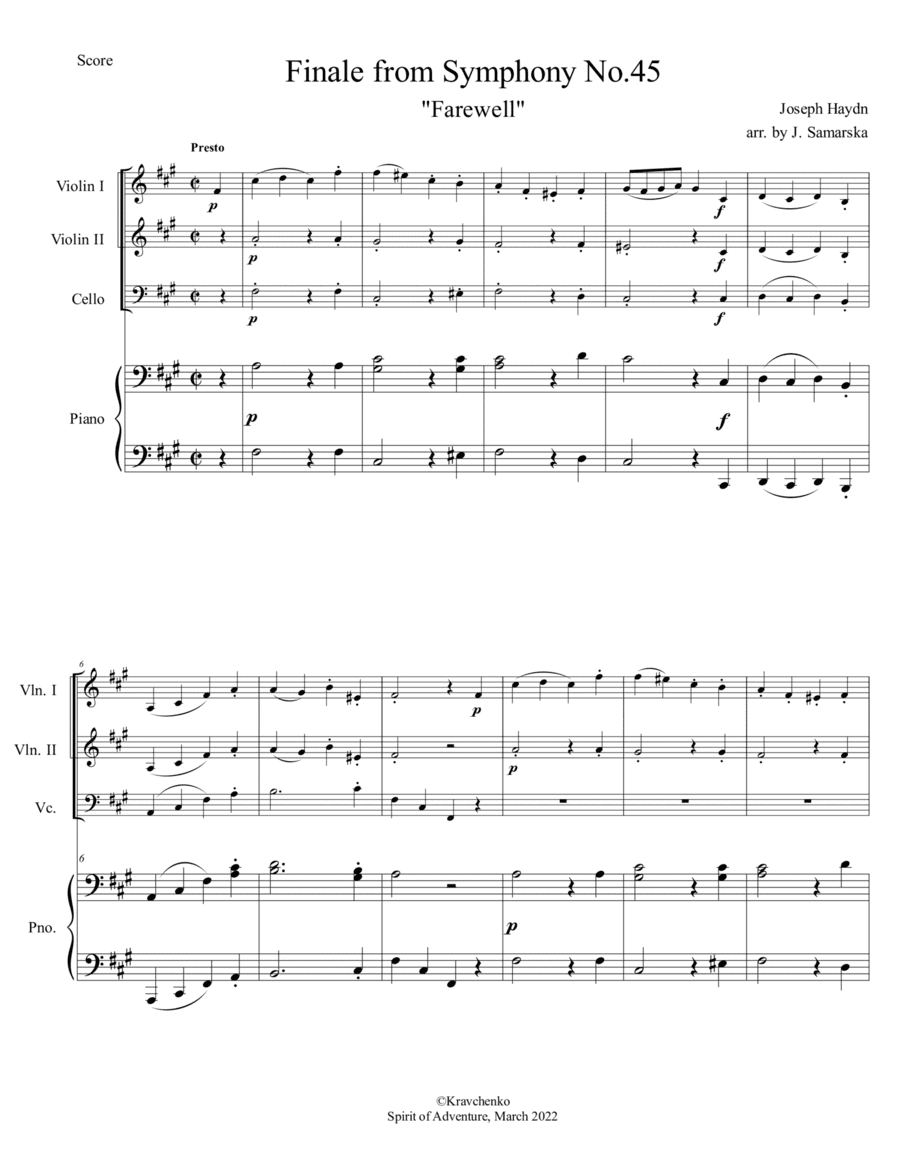 Joseph Haydn - Symphony No. 45 "Farewell" Finale arr. for piano quartet (score and parts) (arr. Julia Samarska)