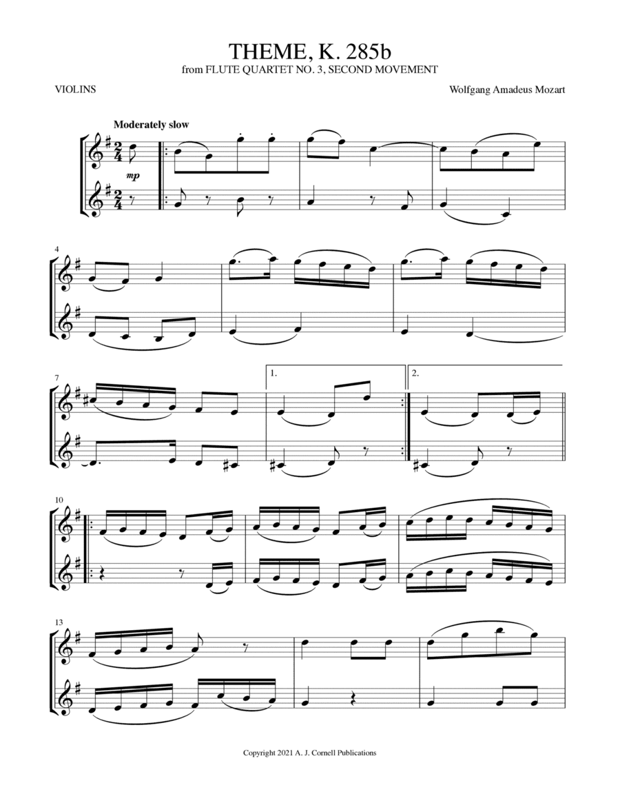 Theme (from Flute Quartet No. 3, K. 285b, Second Movement) (arr. Mark Phillips)