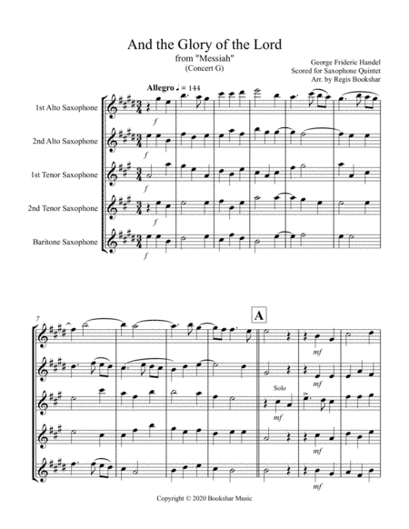 And the Glory of the Lord (from "Messiah") (G) (Saxophone Quintet - 2 Alto, 2 Tenor, 1 Bari) (arr. Regis Bookshar)