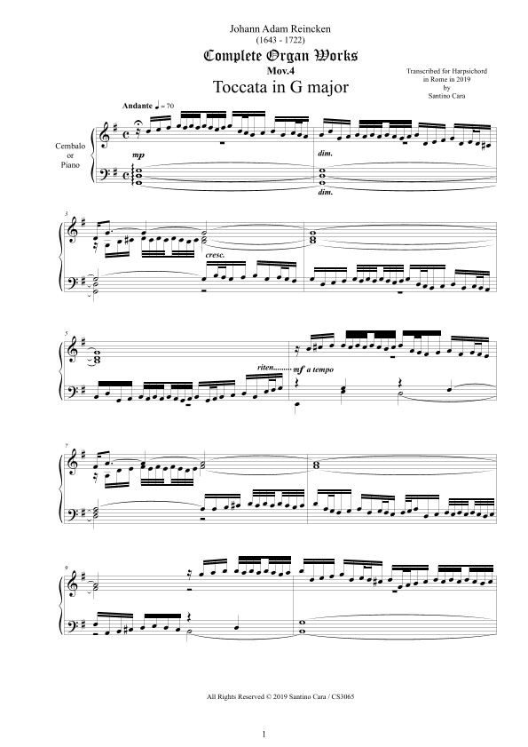 Reincken - Toccata in G major - Harpsichord or Piano (arr. Santino Cara)