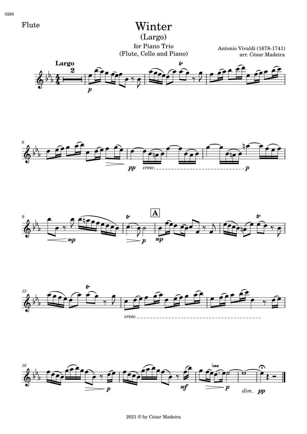 Winter by Vivaldi - Flute, Cello and Piano - II. Largo (Individual Parts) (arr. César Madeira)