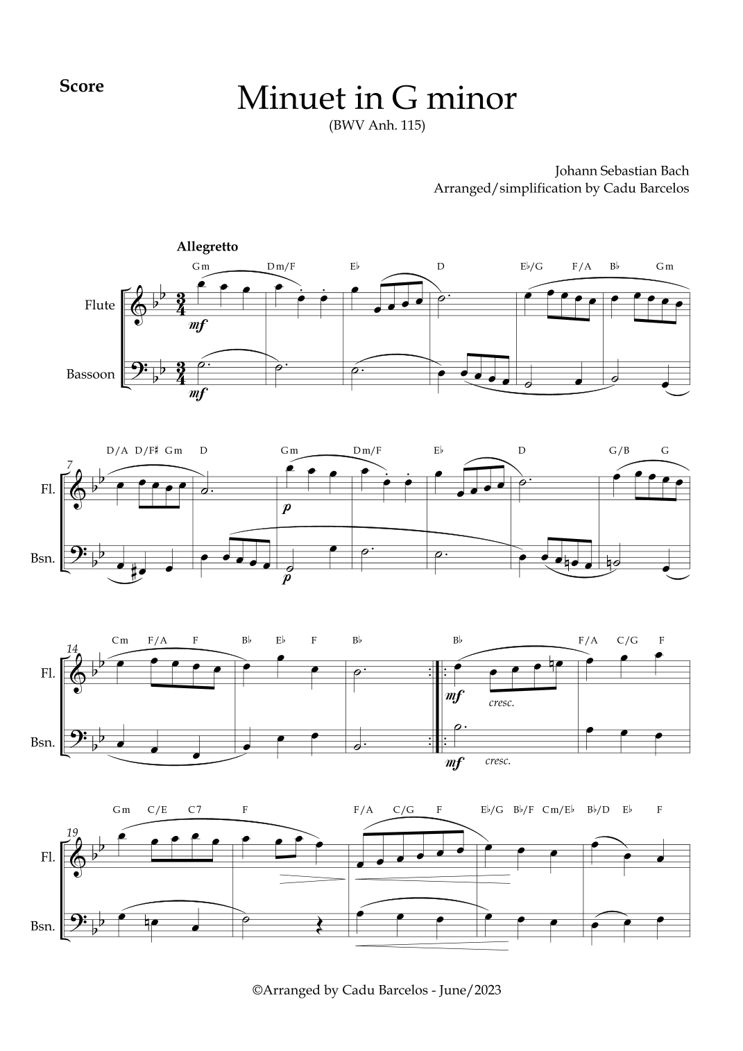 Minuet in G minor BWV anh 115 (Bach) Flute and Bassoon chord (arr. Cadu Barcelos)