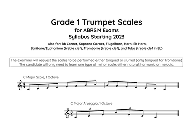 Trumpet Scales Grade 1. For the new ABRSM Syllabus from 2023. (arr. Tim Curd)