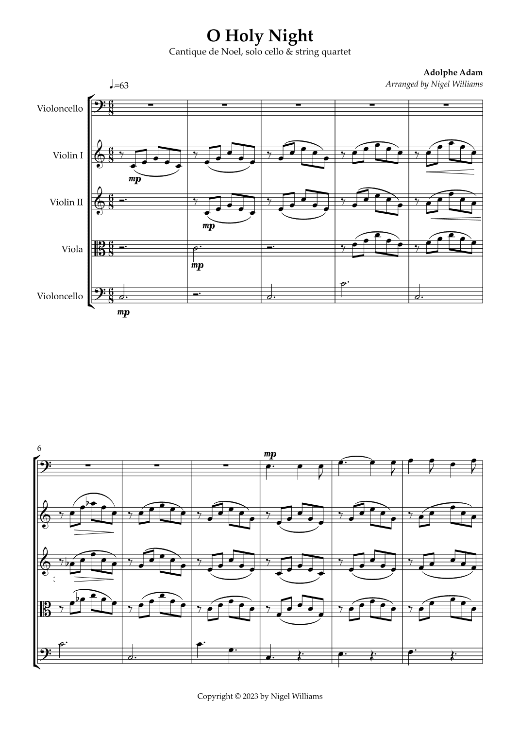 O Holy Night, for solo Cello & String Quartet (arr. Nigel Williams)