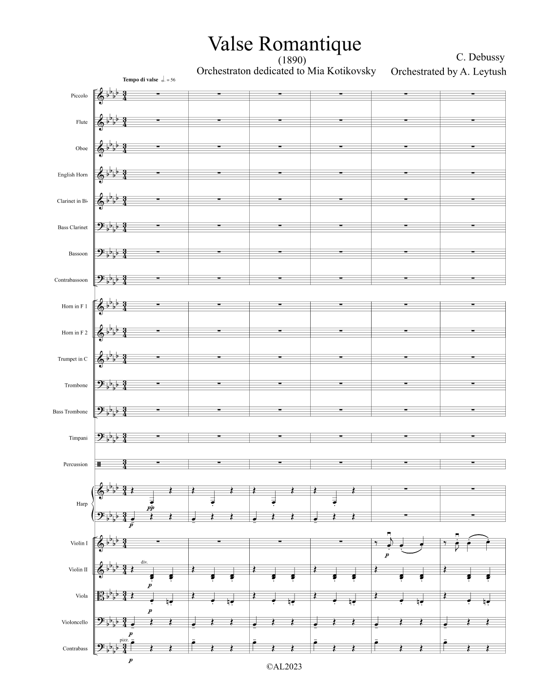 C. Debussy -  Valce Romantique, Orchestrated by A. Leytush - Score Only