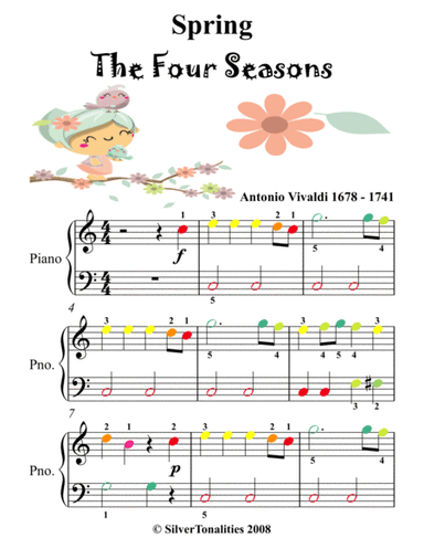 Spring Four Seasons Ist Mvt Easiest Piano Sheet Music with Colored Notes (arr. SilverTonalities)