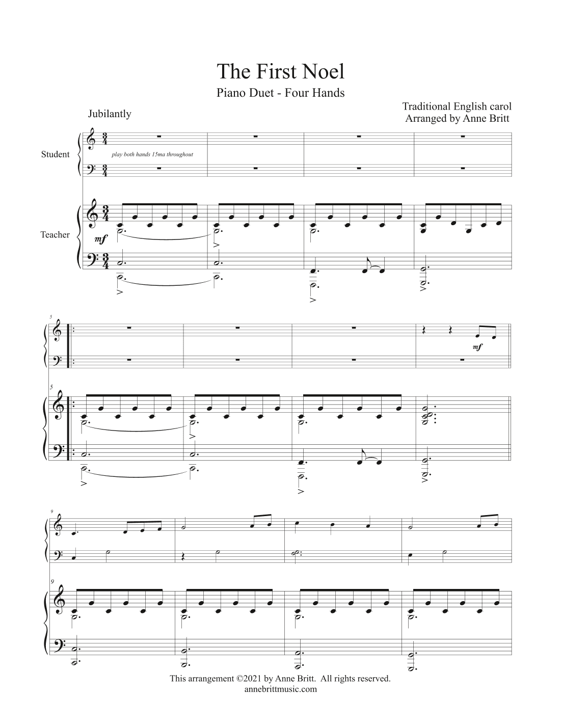 The First Noel (late elementary student/teacher piano duet) - key of C (arr. Anne Britt)
