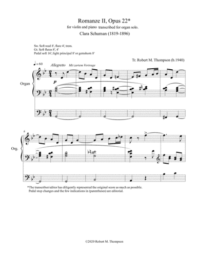 Clara Schumann "Romanze" for organ (arr. Robert M. Thompson, A.Mus.D. (b.1940))