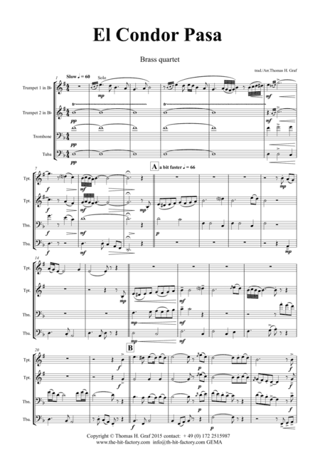 El Condor pasa - Peruvian Folk Song - Brass Quartet (arr. Thomas H. Graf)
