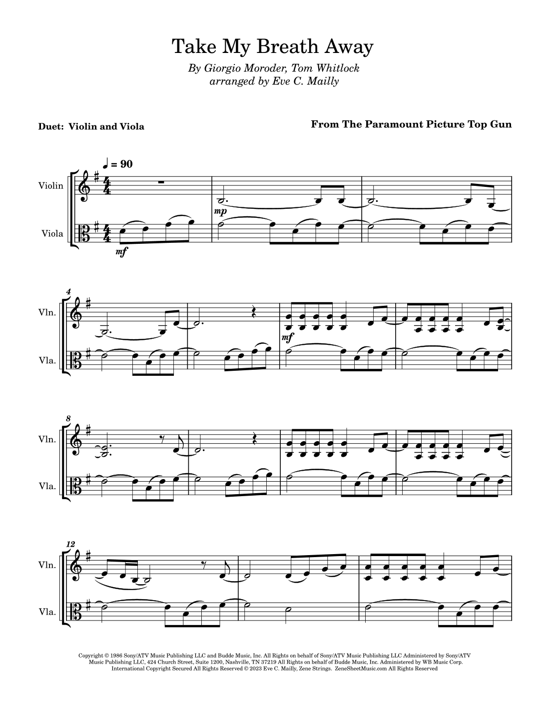 Take My Breath Away (love Theme) (arr. Eve C. Mailly - Zene Strings)
