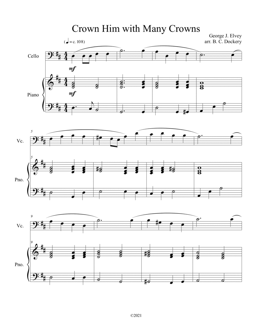 Crown Him with Many Crowns (cello solo) with optional piano accompaniment (arr. B. C. Dockery)