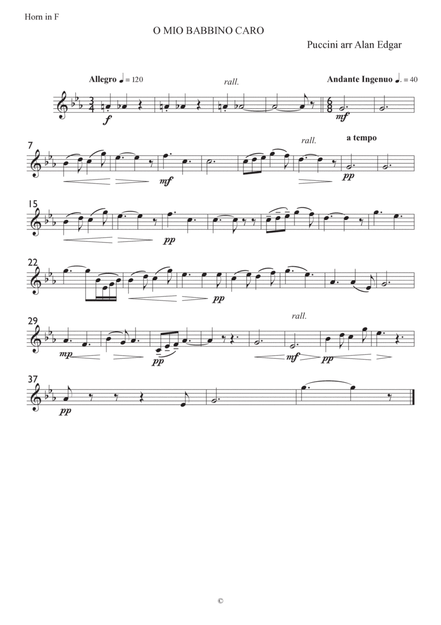 PUCCINI O MIO BABBINO CARO (O, my beloved father) from Gianni Schicci, arranged for Brass quartet or (arr. Alan Edgar)