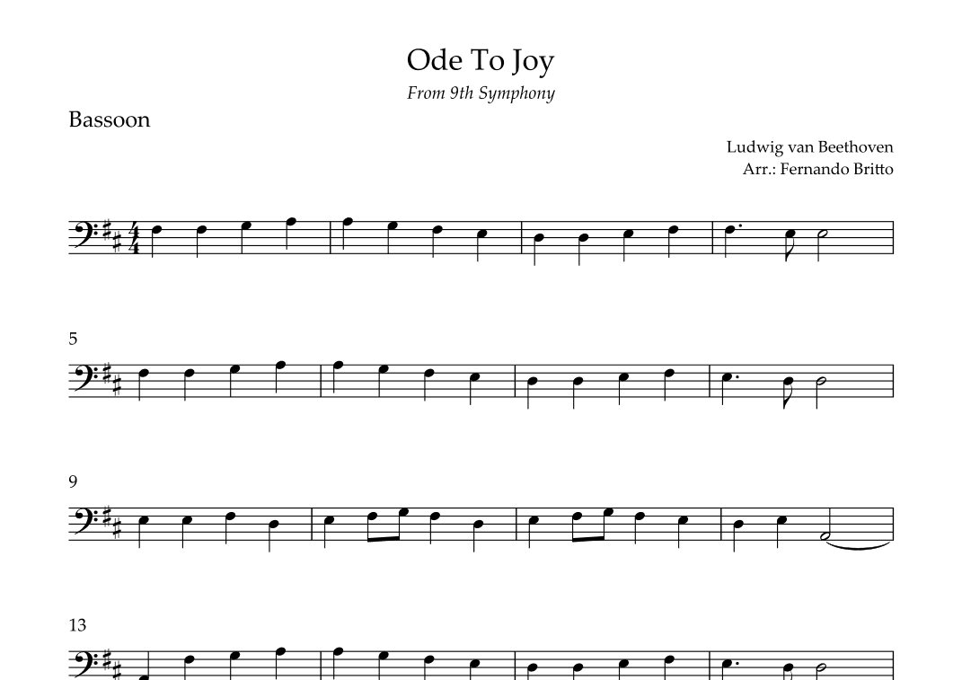 Ode To Joy Theme (from Beethoven's 9th Symphony) for Bassoon Solo (arr. Fernando Britto)
