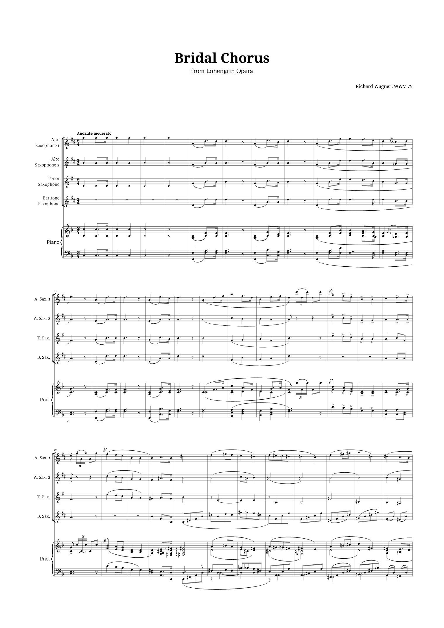 Bridal Chorus by Wagner for Sax AATB Quartet and Piano (arr. Langanho)