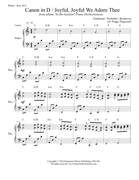 Canon in D / Joyful, Joyful We Adore Thee (Key of C - Solo Piano) (arr. Peggy Duquesnel)