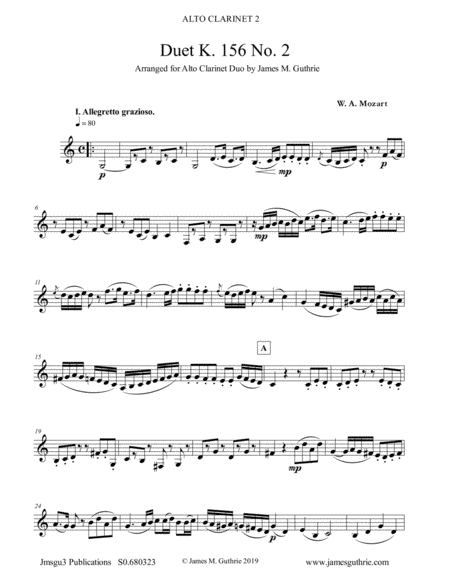 Mozart: Duet K. 156 No. 2 for Alto Clarinet Duo (arr. James M. Guthrie, ASCAP)