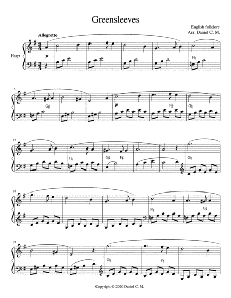 Greensleeves for harp (arr. Daniel C. M.)
