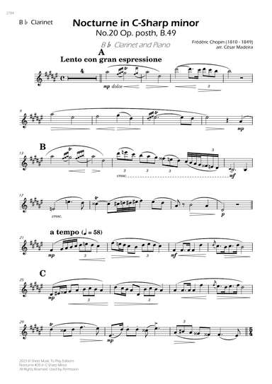 Nocturne No.20 in C-Sharp minor - Bb Clarinet and Piano (Individual Parts) (arr. César Madeira)