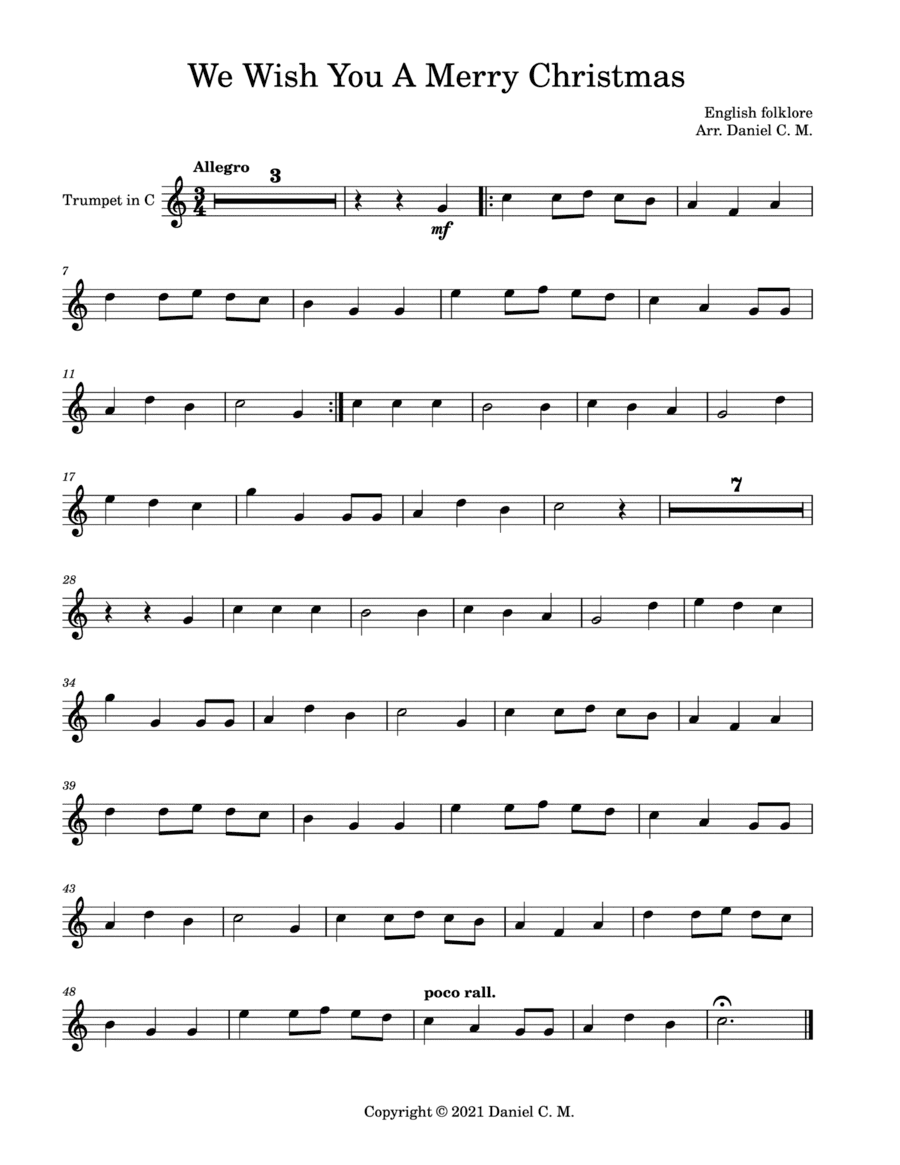 We Wish You A Merry Christmas for C trumpet and piano (easy) (arr. Daniel C. M.)