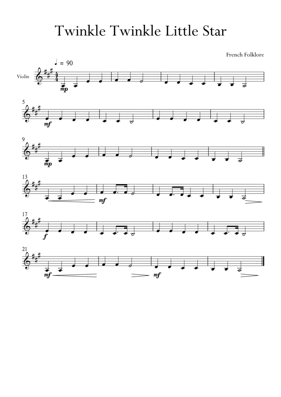 Twinkle Twinkle Little Star for Violin in A Major. Very Easy. (arr. Matheus Araújo)