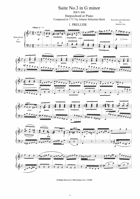 Bach - English Suite No.3 in G minor BWV 808 for Harpsichord (or Piano) (arr. Santino Cara)