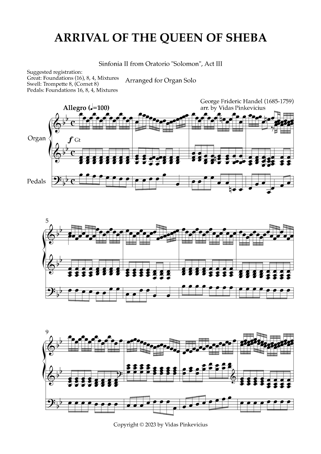 Arrival of the Queen of Sheba (arr. for Organ Solo) (arr. Vidas Pinkevicius)