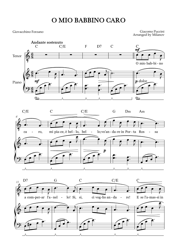 O Mio Babbino Caro | Male Voice Tenor | C Major | Piano accompaniment | Pedal | Chords (arr. Milanov)