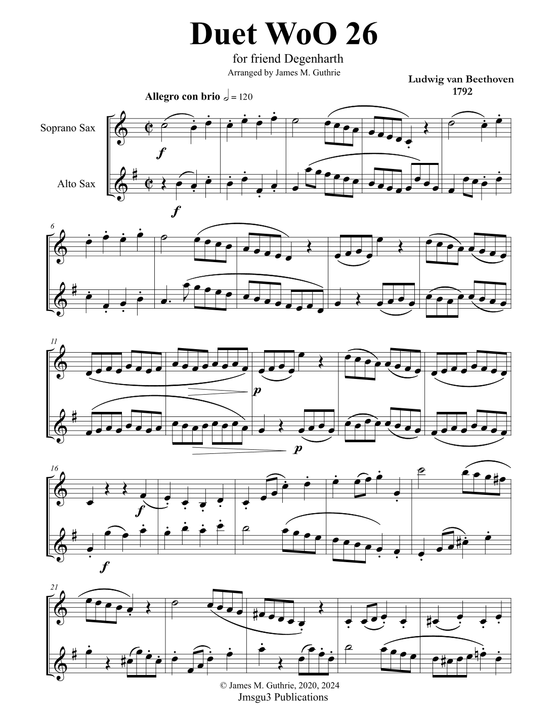 Beethoven: Duet WoO 26 for Soprano & Alto Sax (arr. James Guthrie, ASCAP)