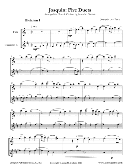 Josquin: Five Duets for Flute & Clarinet (arr. James M. Guthrie, ASCAP)
