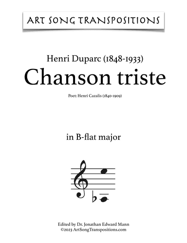 DUPARC: Chanson triste (transposed to B-flat major) (arr. ArtSongTranspositions.com)