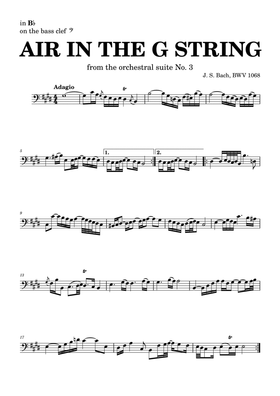 Air on the G string in D, BWV 1068 (accompanied) - for B? instruments in bass clef (arr. Leyandder Trustworthy)
