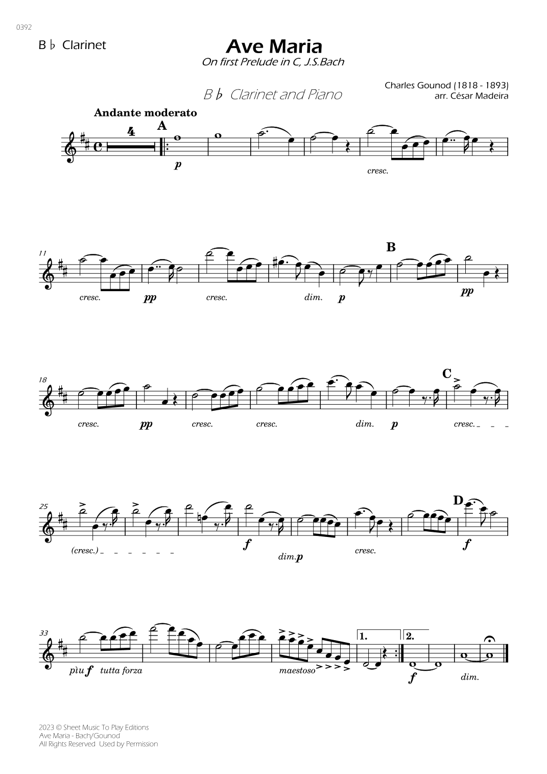 Ave Maria by Bach/Gounod - Bb Clarinet and Piano (Individual Parts) (arr. César Madeira)