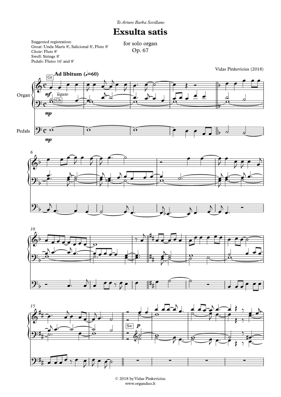 Exsulta satis, Op. 67 (2018) for solo organ by Vidas Pinkevicius