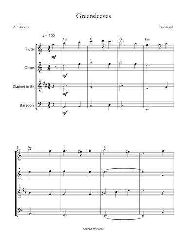 greensleeves woodwind quartet sheet music with chord symbols (arr. Arezzo Music)