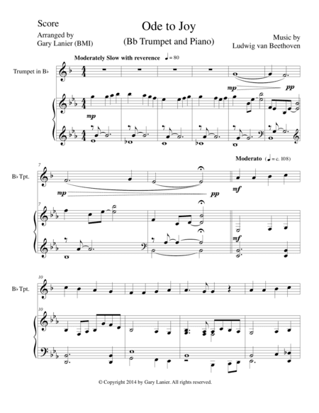 ODE TO JOY (Joyful, Joyful, We Adore Thee), Bb Trumpet & Piano (Score & Parts included) (arr. Gary Lanier)