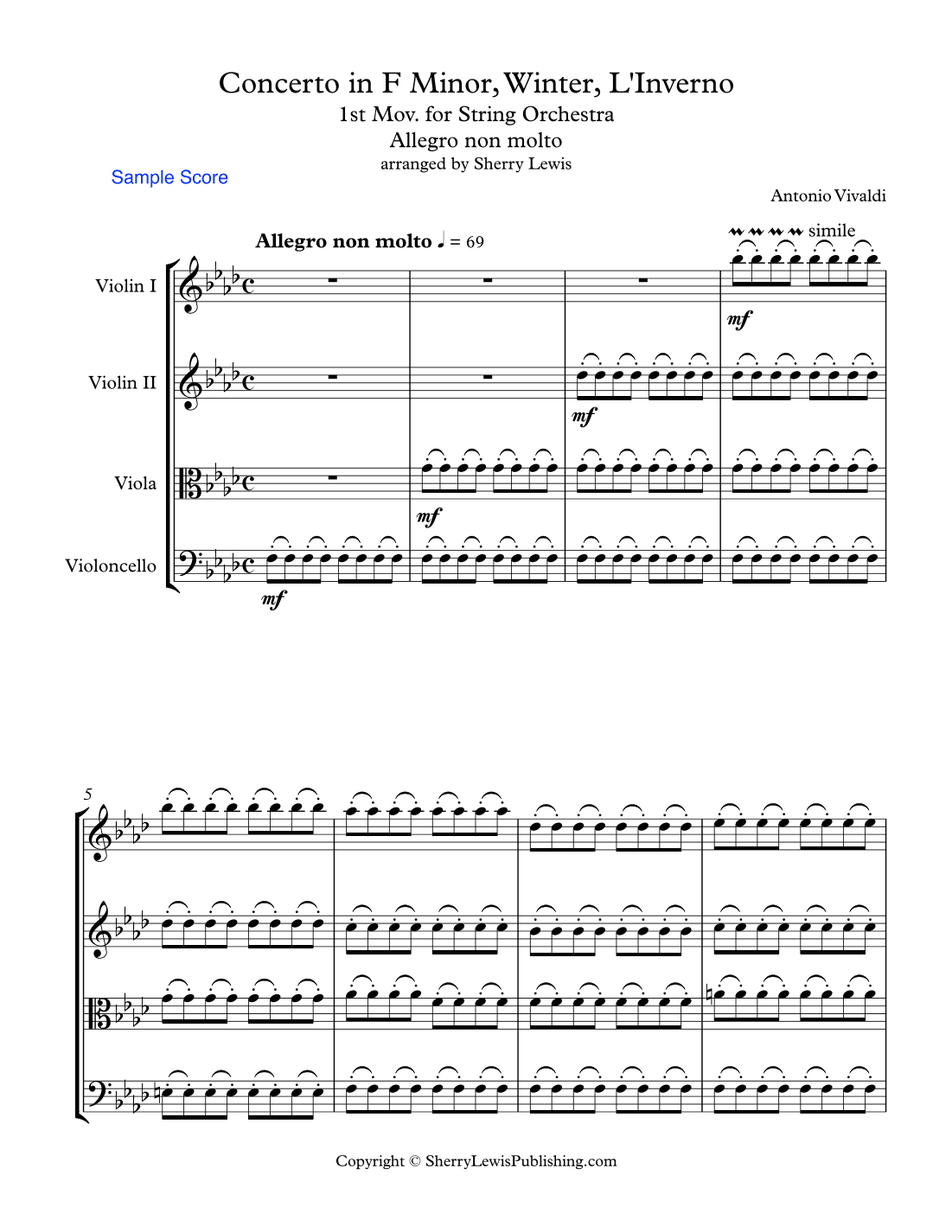 CONCERTO IN F MINOR, WINTER, 1st. Mov. (Allegro con molto) by Vivaldi, String Quartet, Intermediate (arr. Sherry Lewis)