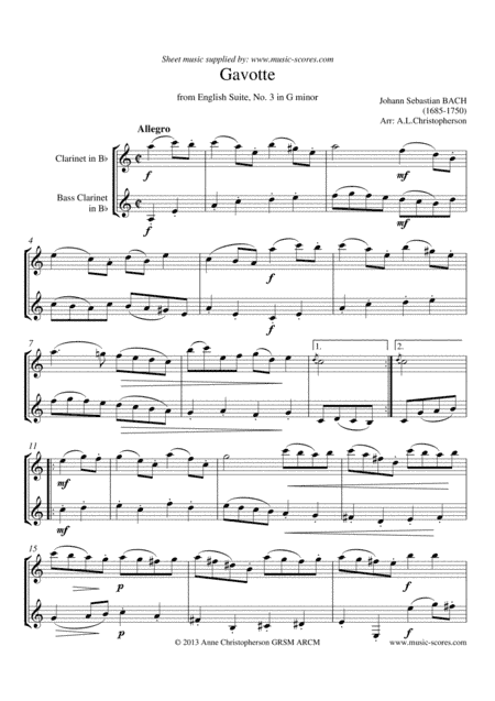 English Suite No. 3: Gavotte - Clarinet and Bass Clarinet (arr. Anne L Christopherson GRSM ARCM)