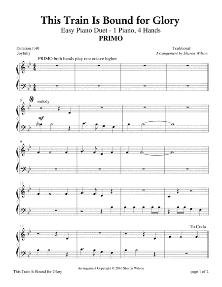 This Train Is Bound for Glory (Easy Piano Duet; 1 Piano, 4 Hands) (arr. Sharon Wilson)