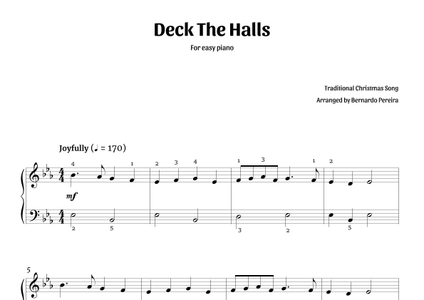 Deck The Halls (easy piano – E? major) (arr. Bernardo Pereira)