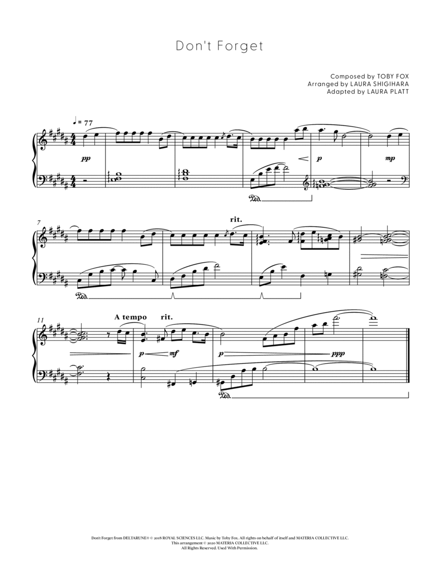 Don't Forget (DELTARUNE - Piano Sheet Music)
