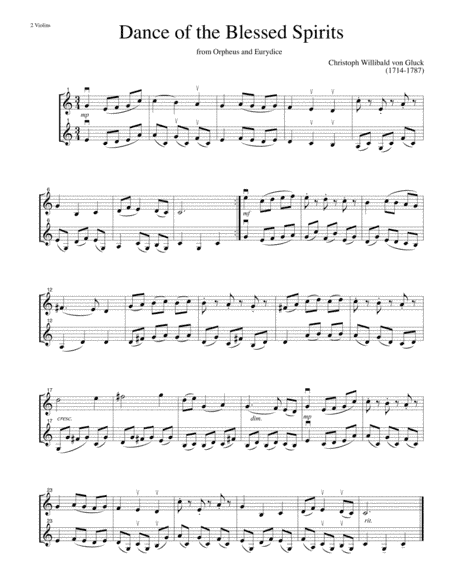 Dance of the Blessed Spirits from Orpheus and Eurydice-for 2 violins (arr. Katrina Wreede)