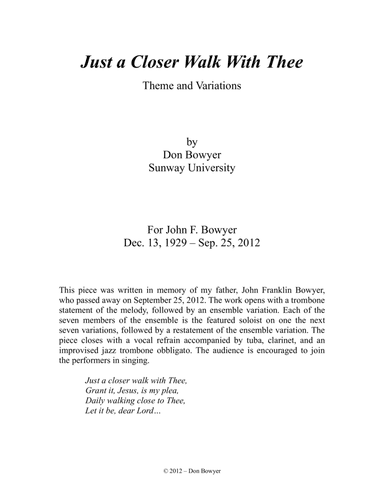 Just a Closer Walk with Thee - Theme and Variations (arr. Don Bowyer (Sunway University))
