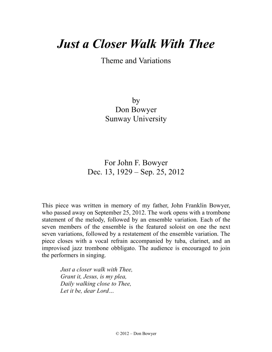 Just a Closer Walk with Thee - Theme and Variations (arr. Don Bowyer (Sunway University))