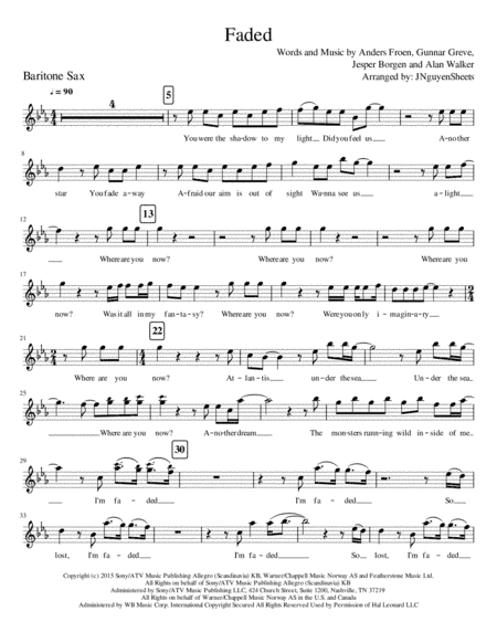 Faded (arr. JNguyenSheets)