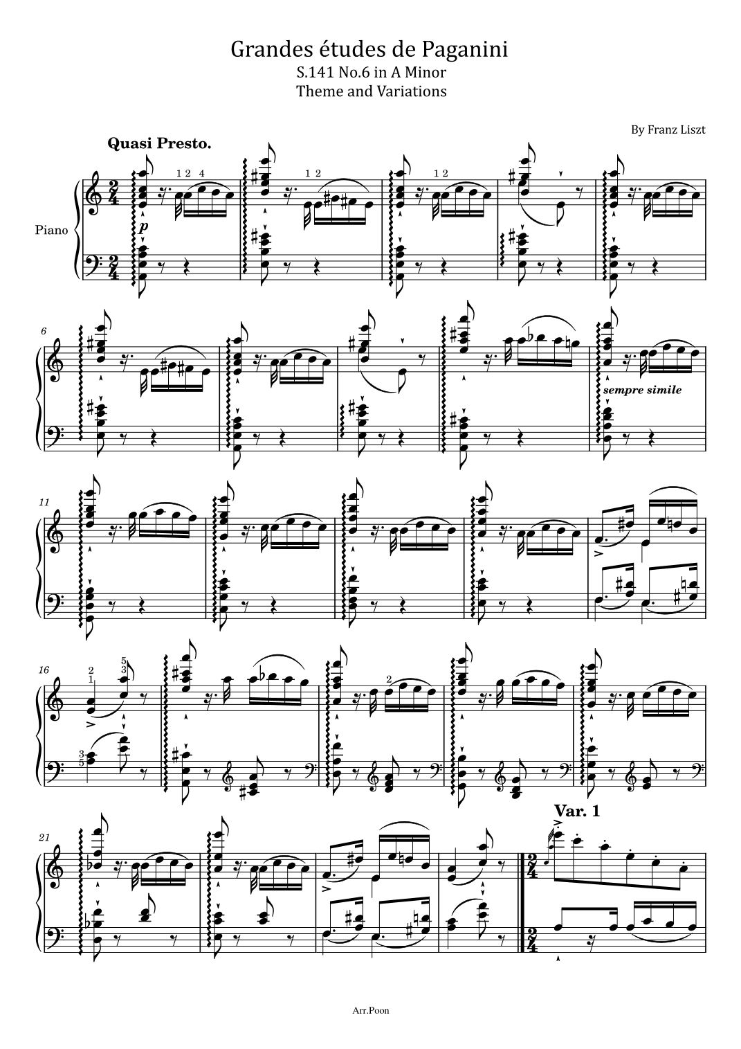 Liszt Grandes études de Paganini S.141 No.6 in A Minor Theme and Variations Original With Fingered (arr. poon)