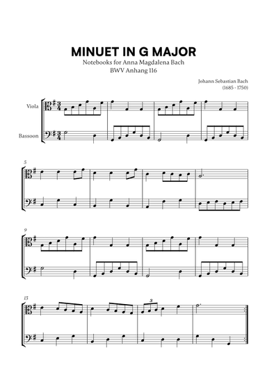 Minuet in G Major (BWV Anh. 116) (for Viola and Bassoon) (arr. Cadenza Editions)