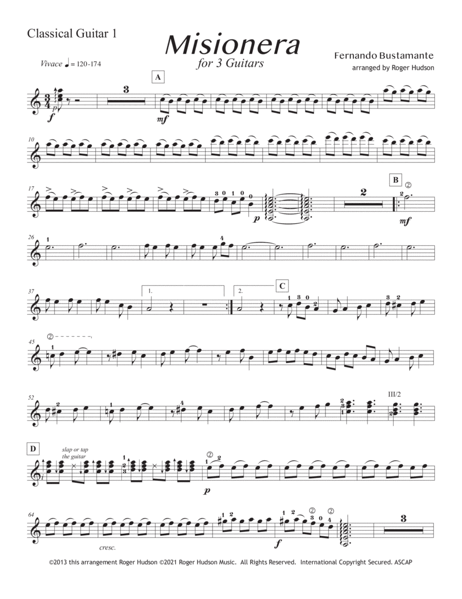 Misionera for Guitar Trio - Guitar 1 (arr. Roger Hudson)