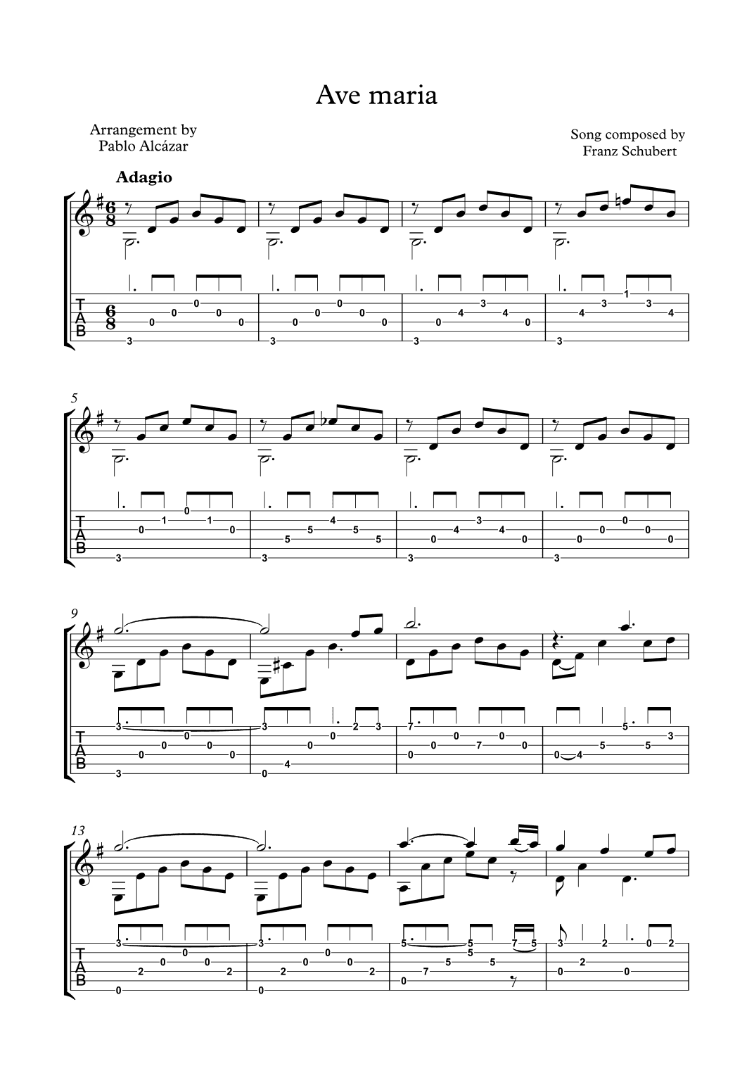 Ave María for solo Guitar (arr. Pablo Alcázar)