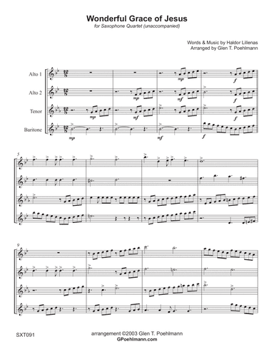 WONDERFUL GRACE OF JESUS - SAXOPHONE QUARTET (AATB or SATB) - unaccompanied (arr. Glen Poehlmann)